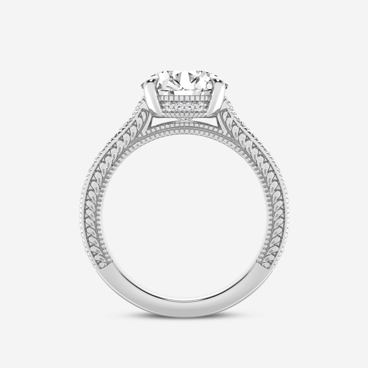 Additional Image 1 for  3 1/2 ctw Round Lab Grown Diamond Old Mine Cut Filigree Side Stone Engagement Ring
