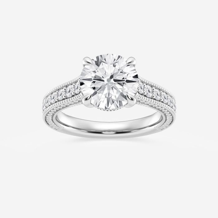 3 1/2 ctw Round Lab Grown Diamond Old Mine Cut Filigree Side Stone Engagement Ring