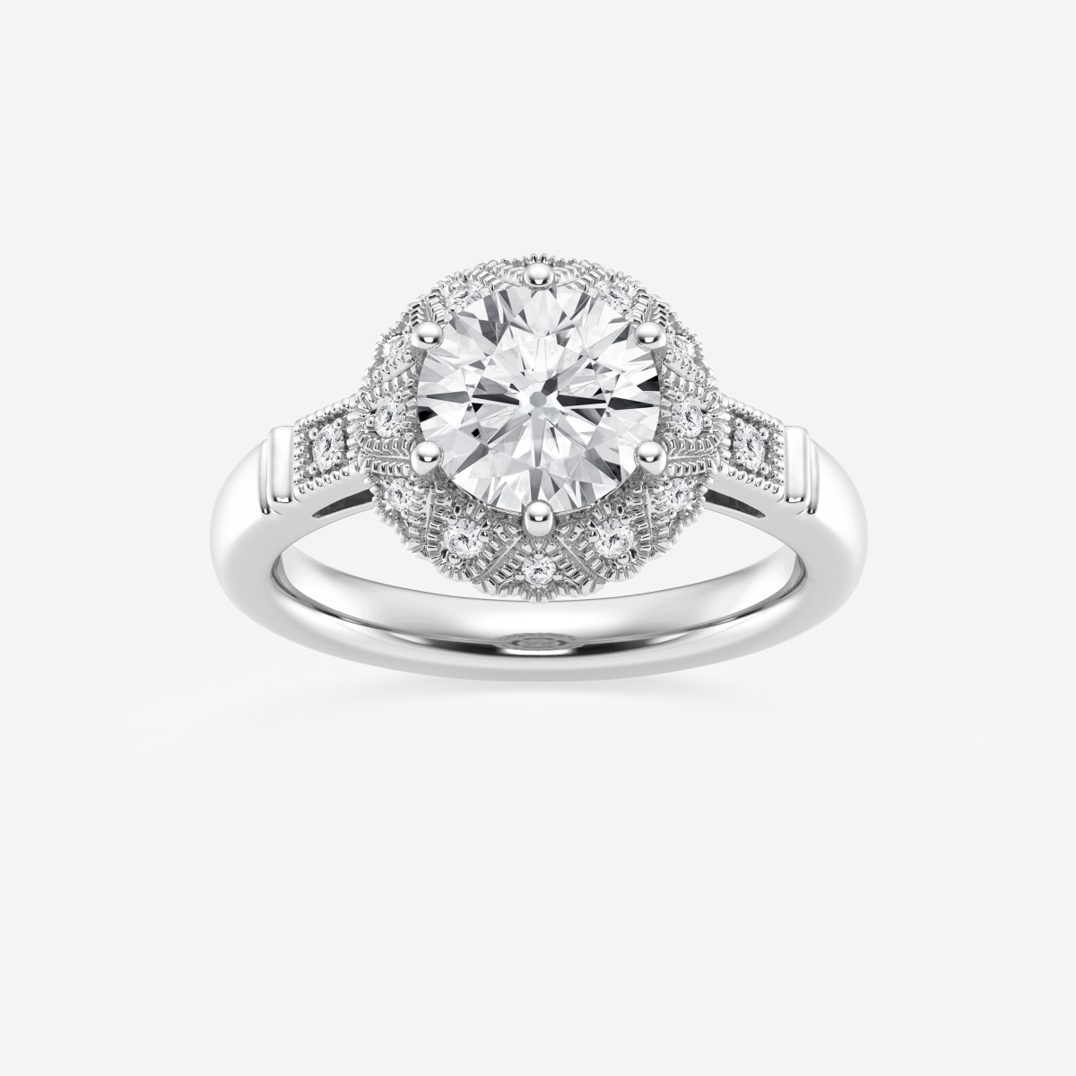 2 ctw Round Lab Grown Diamond Old Mine Cut Milgrain Halo Engagement Ring