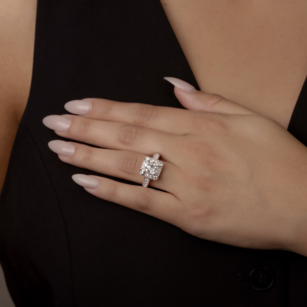 3 ctw Round Lab Grown Diamond Old Mine Cut Halo Engagement Ring in Milgrain Setting