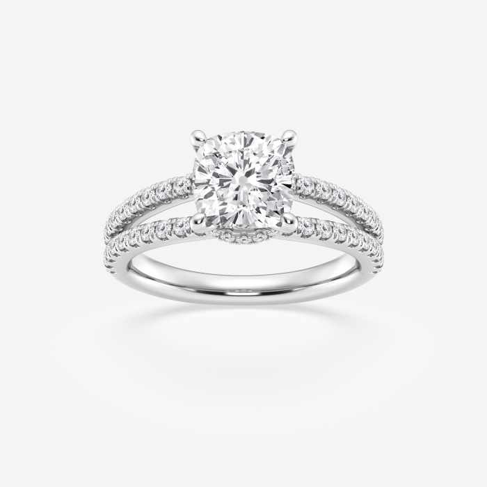 3 ctw Cushion Lab Grown Diamond Old Mine Cut Split Shank Hidden Halo Engagement Ring