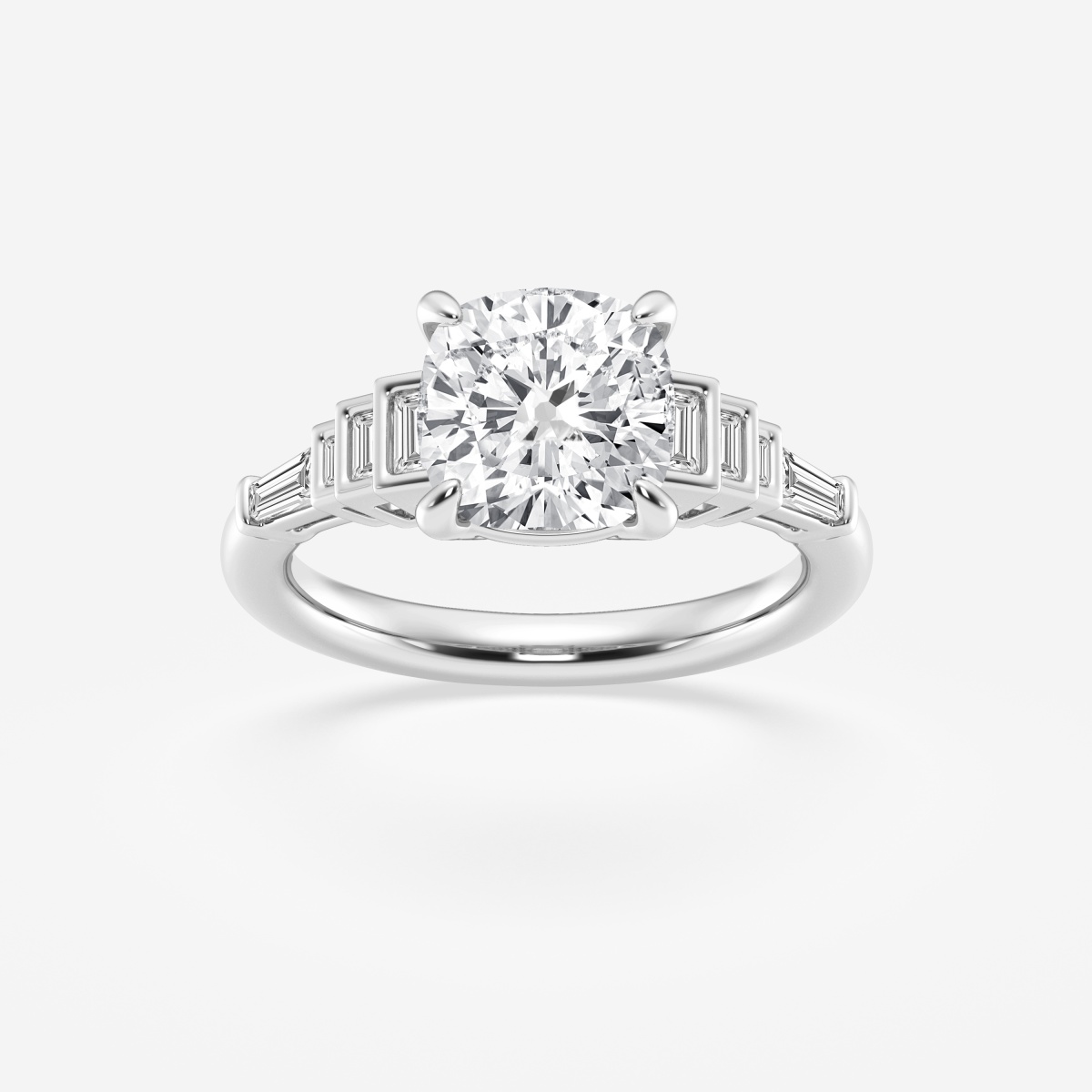 3 1/3 ctw Cushion Lab Grown Diamond Old Mine Cut Engagement Ring with Side Step Baguettes