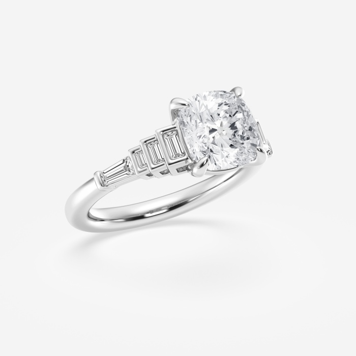 3 1/3 ctw Cushion Lab Grown Diamond Old Mine Cut Engagement Ring with Side Step Baguettes