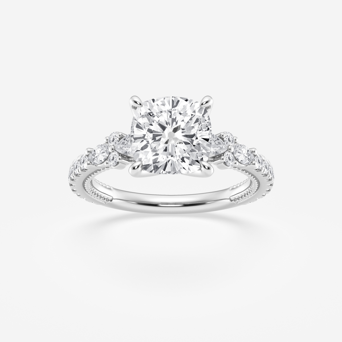 3 5/8 ctw Cushion Lab Grown Diamond Old Mine Cut Side Stone Engagement Ring in French Pave Setting