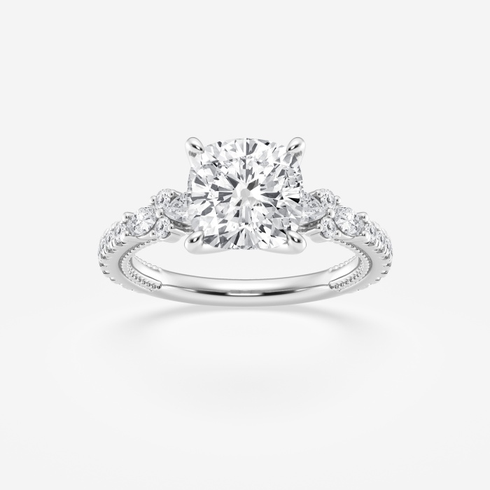 3 5/8 ctw Cushion Lab Grown Diamond Old Mine Cut Side Stone Engagement Ring in French Pave Setting