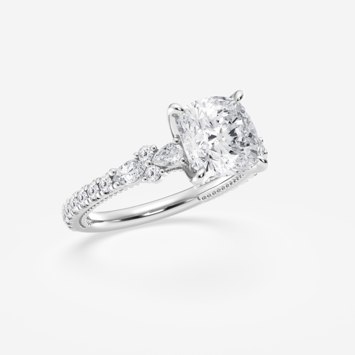 3 5/8 ctw Cushion Lab Grown Diamond Old Mine Cut Side Stone Engagement Ring in French Pave Setting