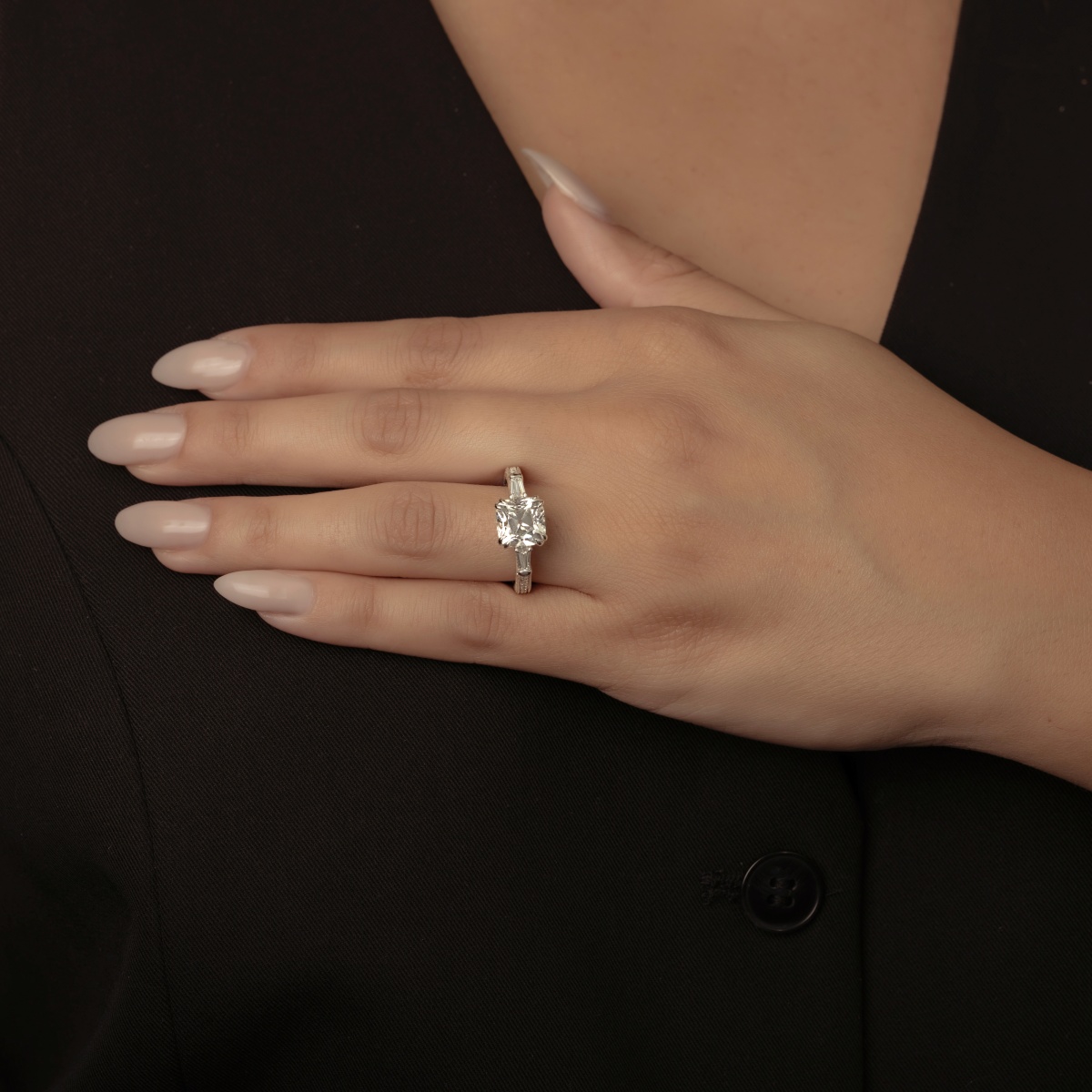 3 1/2 ctw Cushion Lab Grown Diamond Old Mine Cut Filigree with Baguettes Side Stone Engagement Ring