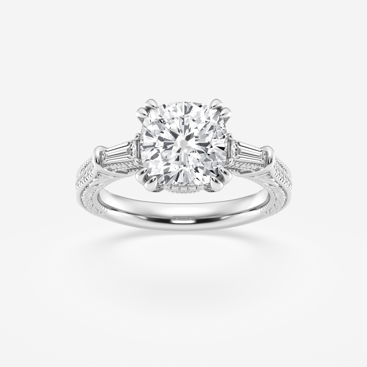 3 1/2 ctw Cushion Lab Grown Diamond Old Mine Cut Filigree with Baguettes Side Stone Engagement Ring