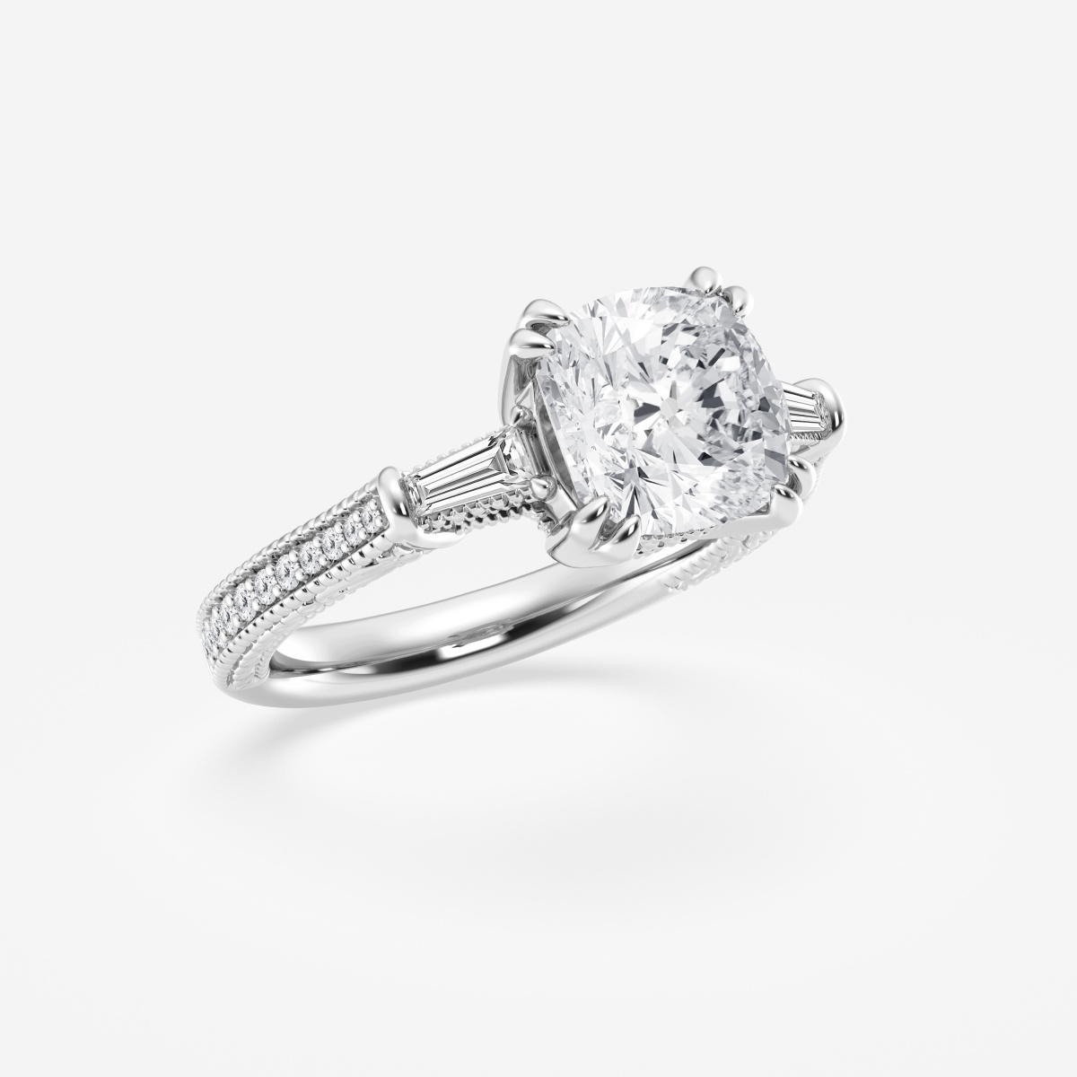 Additional Image 1 for  3 1/2 ctw Cushion Lab Grown Diamond Old Mine Cut Filigree with Baguettes Side Stone Engagement Ring