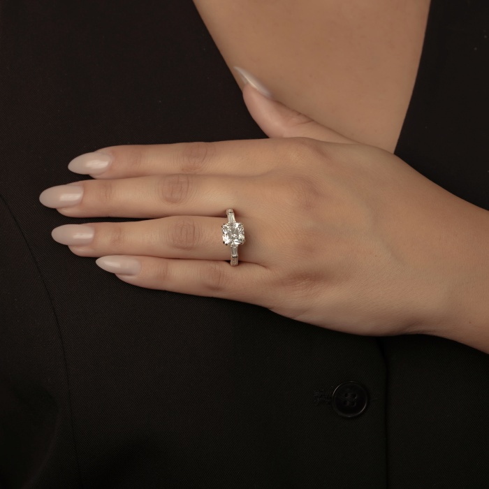 3 1/2 ctw Cushion Lab Grown Diamond Old Mine Cut Filigree with Baguettes Side Stone Engagement Ring