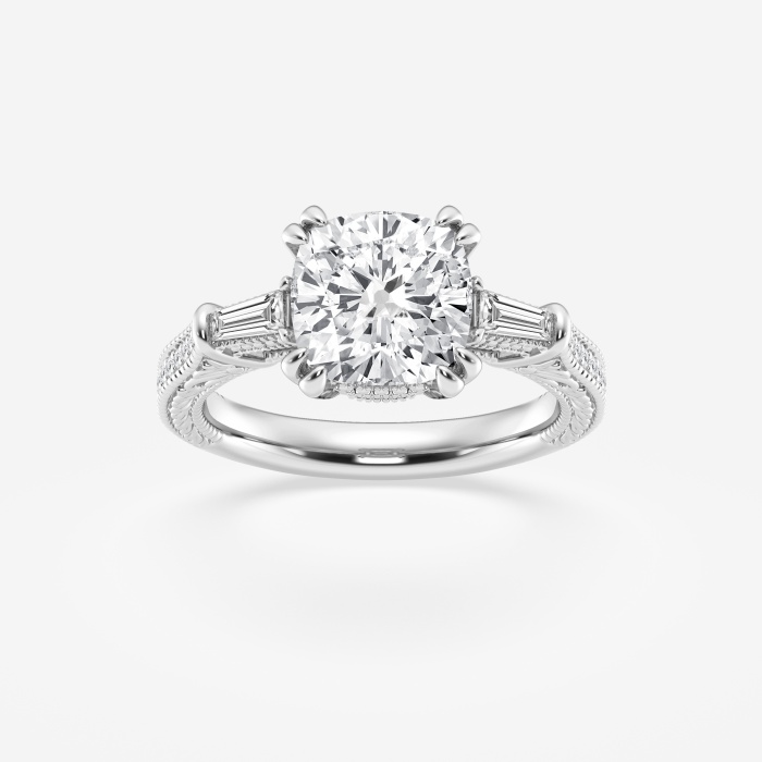 3 1/2 ctw Cushion Lab Grown Diamond Old Mine Cut Filigree with Baguettes Side Stone Engagement Ring