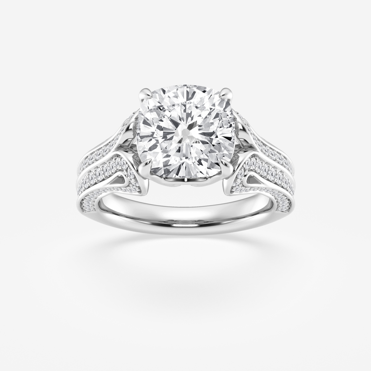 5 1/5 ctw Cushion Lab Grown Diamond Old Mine Cut Milgrain Split Floral Shank Side Stone Engagement Ring