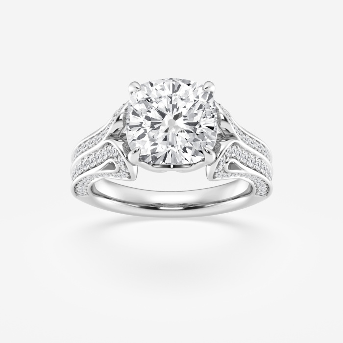 5 1/5 ctw Cushion Lab Grown Diamond Old Mine Cut Milgrain Split Floral Shank Side Stone Engagement Ring