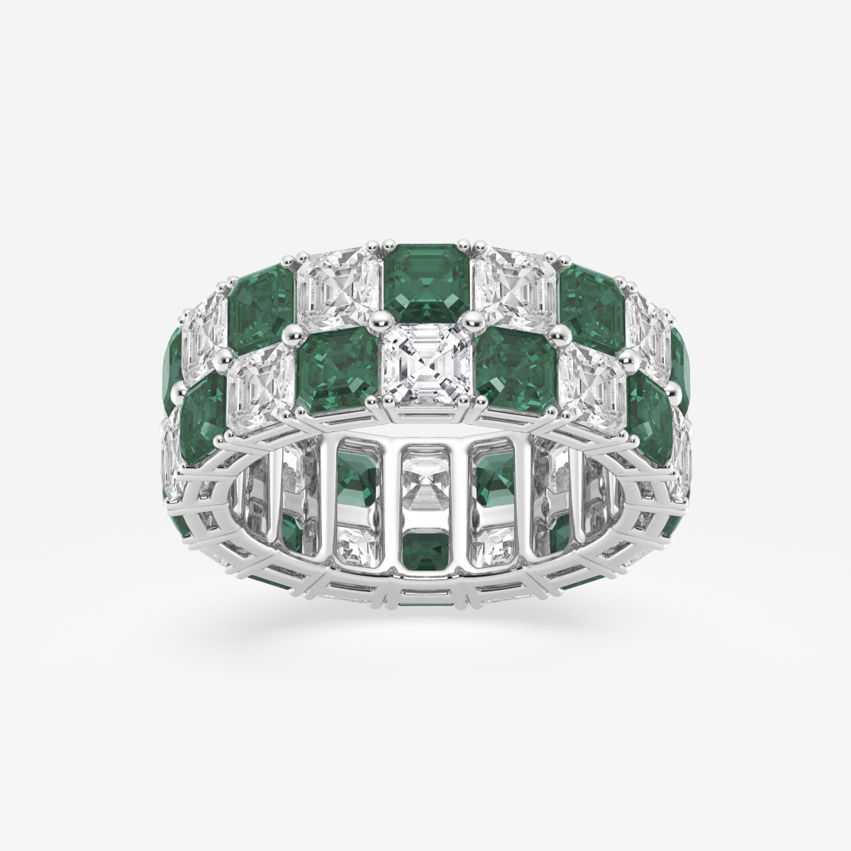 3.6x3.6 mm Asscher Cut Created Emerald and 5 1/2 ctw Asscher Lab Grown Diamond Alternating Two Row Eternity Band - 7.4mm Width