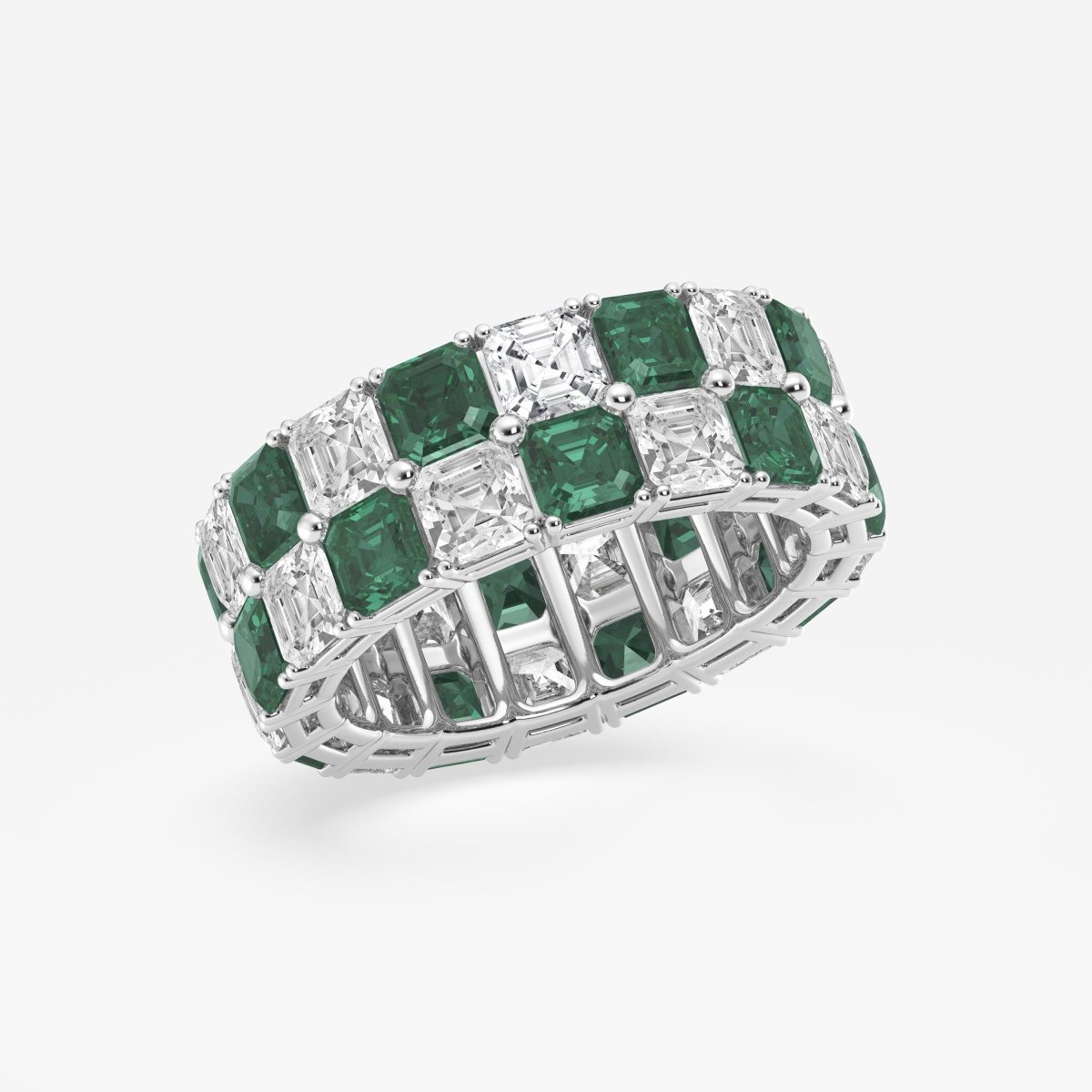 Additional Image 1 for  3.6x3.6 mm Asscher Cut Created Emerald and 5 1/2 ctw Asscher Lab Grown Diamond Alternating Two Row Eternity Band - 7.4mm Width