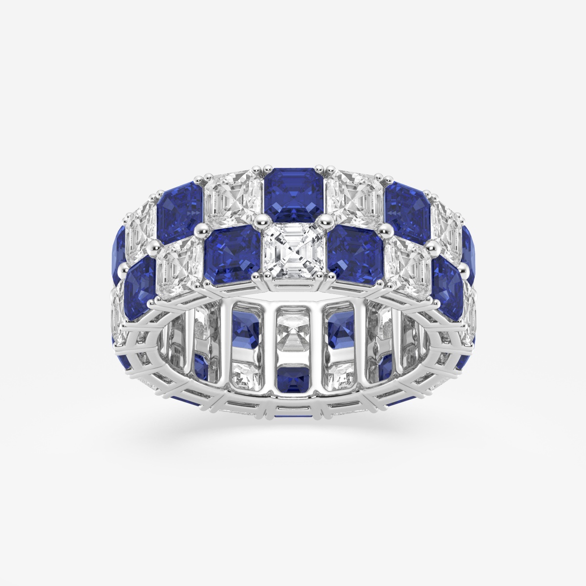 3.6x3.6 mm Asscher Cut Created Sapphire and 5 1/2 ctw Asscher Lab Grown Diamond Alternating Two Row Eternity Band - 7.4mm Width