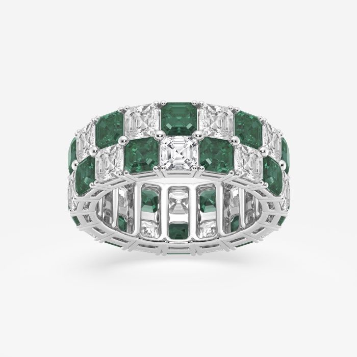 3.6x3.6 mm Asscher Cut Created Emerald and 5 1/2 ctw Asscher Lab Grown Diamond Alternating Two Row Eternity Band - 7.4mm Width