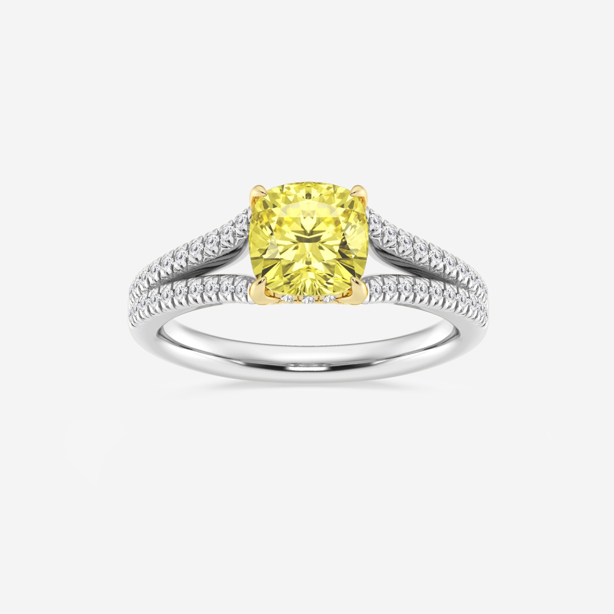 1 7/8 ctw Cushion Lab Grown Diamond Fancy Yellow Split Shank Solitaire Engagement Ring with Side Accents