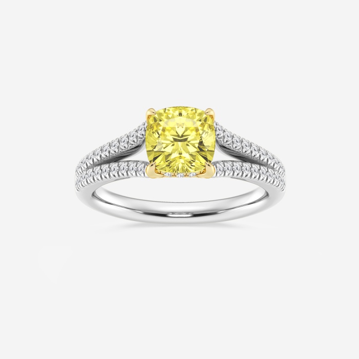 1 7/8 ctw Cushion Lab Grown Diamond Fancy Yellow Split Shank Solitaire Engagement Ring with Side Accents