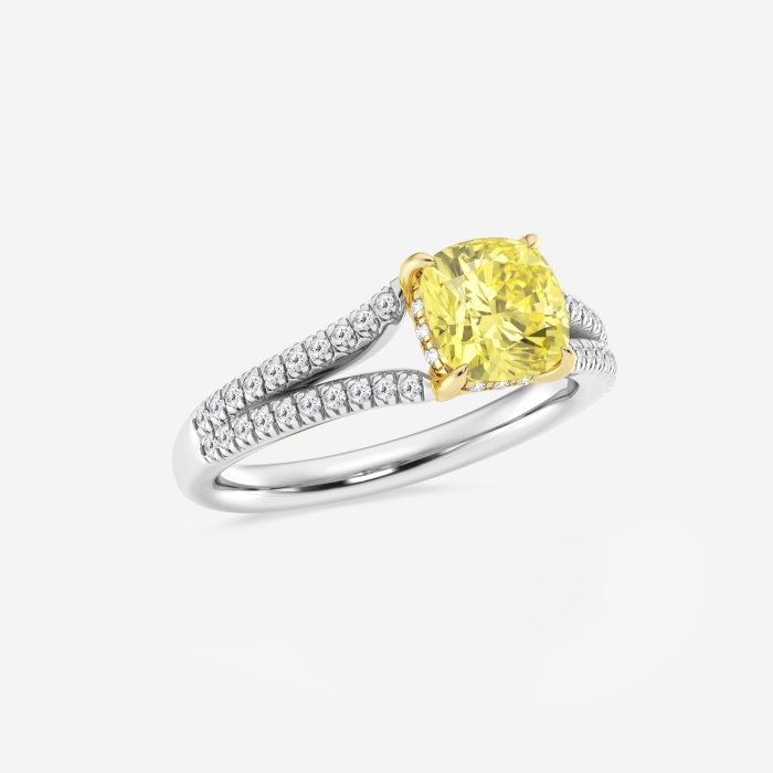 1 7/8 ctw Cushion Lab Grown Diamond Fancy Yellow Split Shank Solitaire Engagement Ring with Side Accents