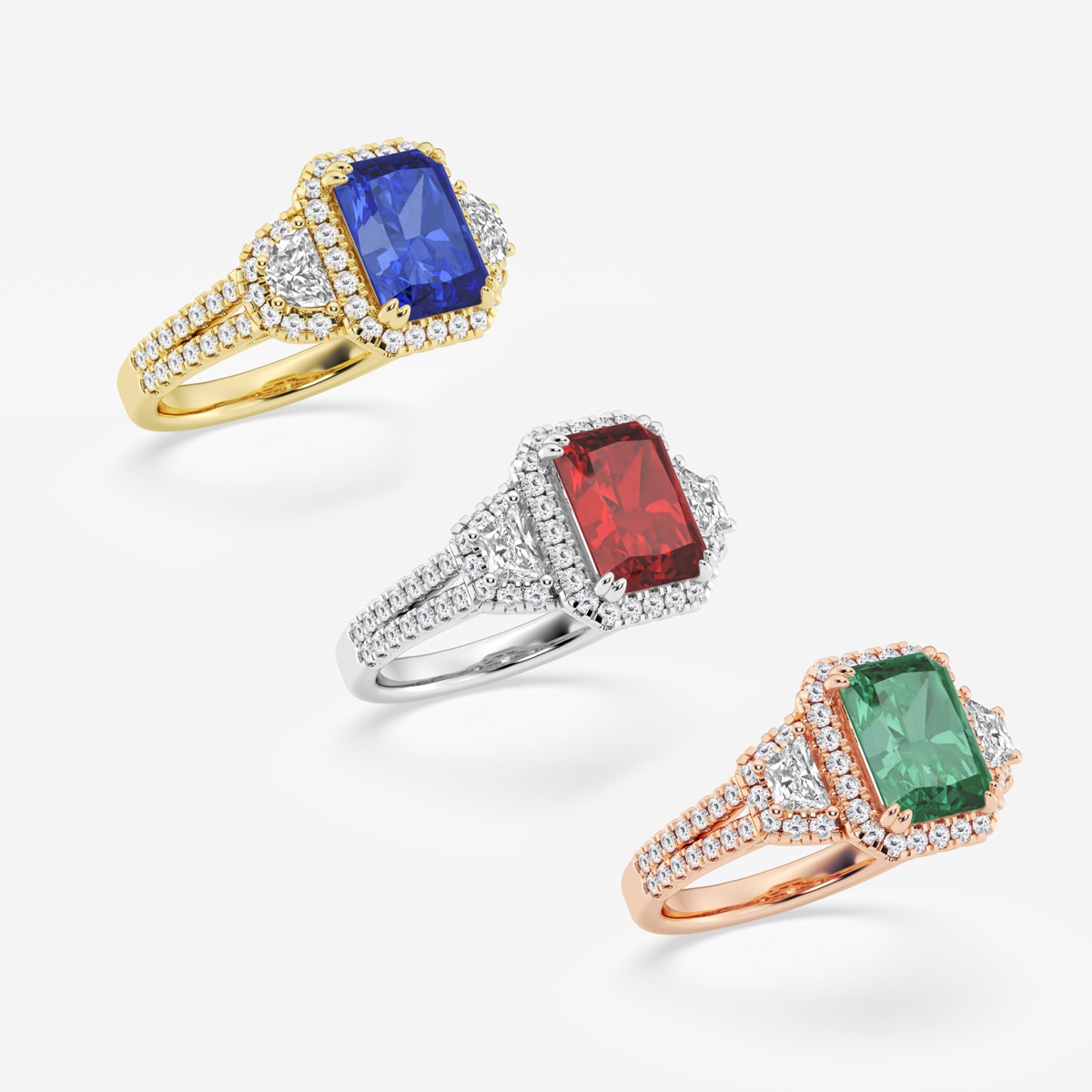 Additional Image 2 for  3 1/4 ctw Radiant Cut Ruby with Round & Trapezoid Lab Grown Diamond Side Stone Engagement Ring