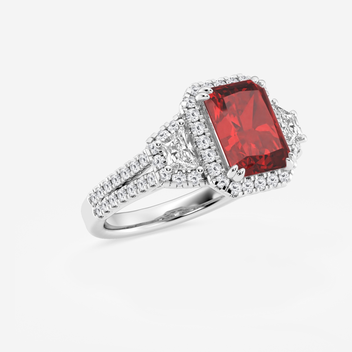 Additional Image 1 for  3 1/4 ctw Radiant Cut Ruby with Round & Trapezoid Lab Grown Diamond Side Stone Engagement Ring