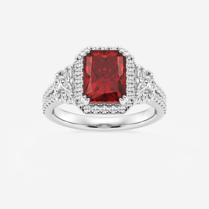 3 1/4 ctw Radiant Cut Ruby with Round & Trapezoid Lab Grown Diamond Side Stone Engagement Ring
