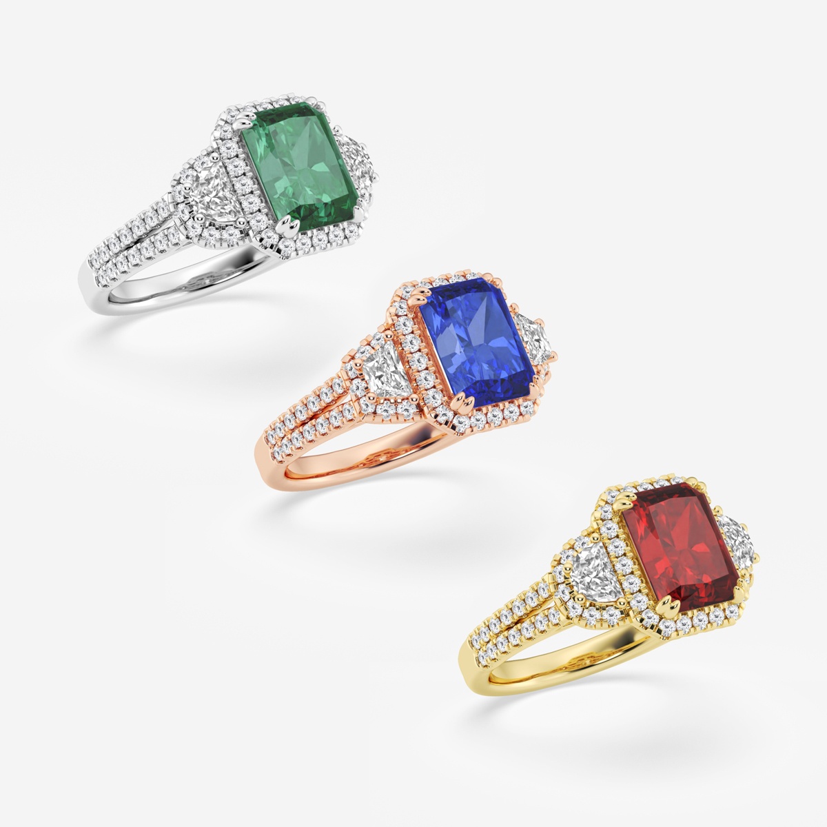 Additional Image 4 for  9X7 mm Radiant Cut Created Ruby and 7/8 ctw Round and Half Moon Lab Grown Diamond Side Stone Engagement Ring