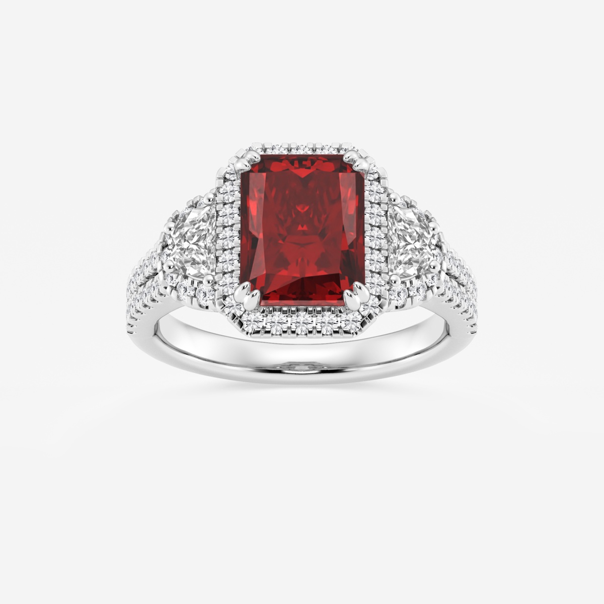 9X7 mm Radiant Cut Created Ruby and 7/8 ctw Round and Half Moon Lab Grown Diamond Side Stone Engagement Ring