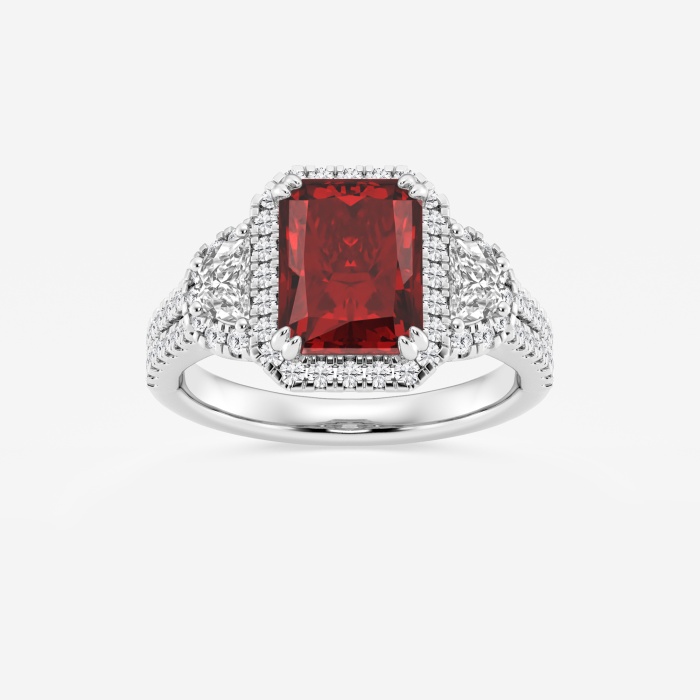 9X7 mm Radiant Cut Created Ruby and 7/8 ctw Round and Half Moon Lab Grown Diamond Side Stone Engagement Ring