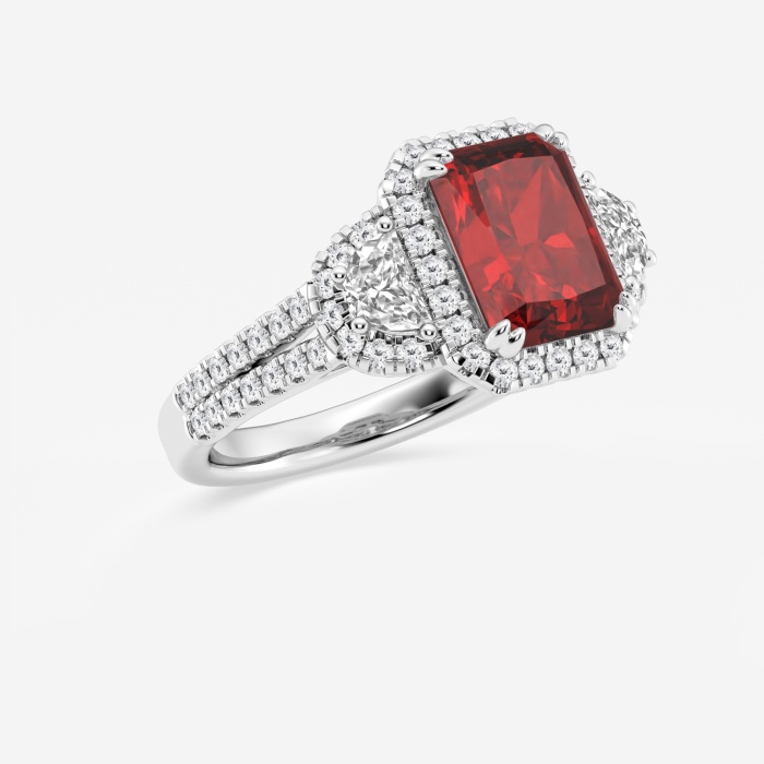9X7 mm Radiant Cut Created Ruby and 7/8 ctw Round and Half Moon Lab Grown Diamond Side Stone Engagement Ring