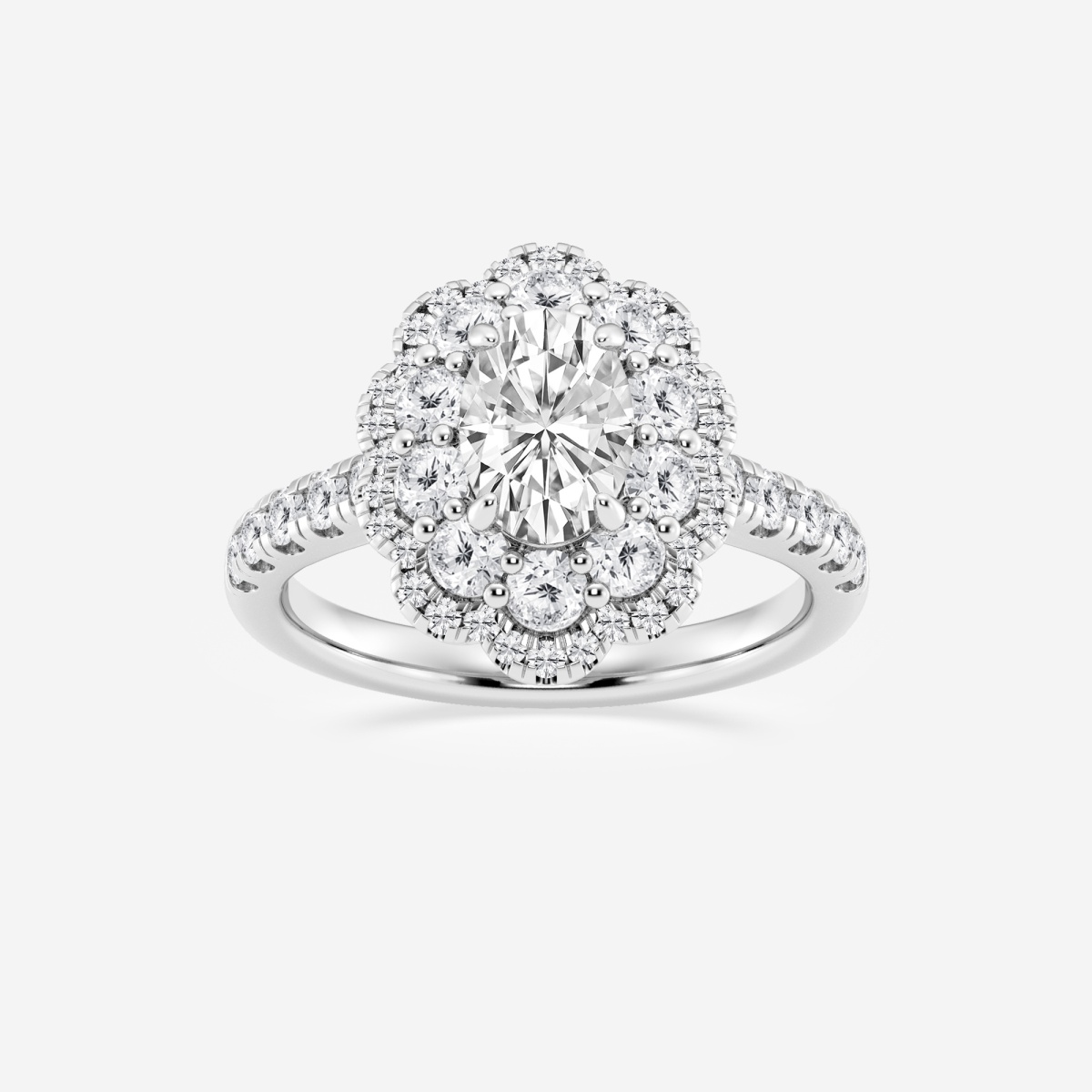 2 ctw Oval Lab Grown Diamond Double Scalloped Halo Engagement Ring
