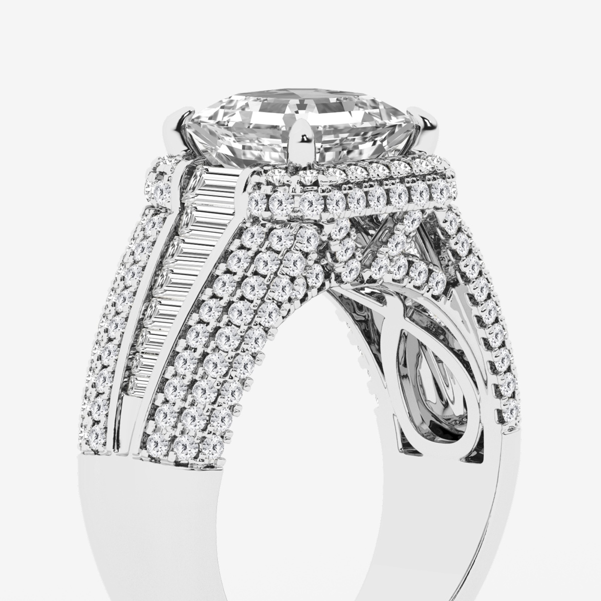 Additional Image 2 for  6 ctw Asscher Lab Grown Diamond Solitaire Engagement Ring with Round and Baguette Side Accents
