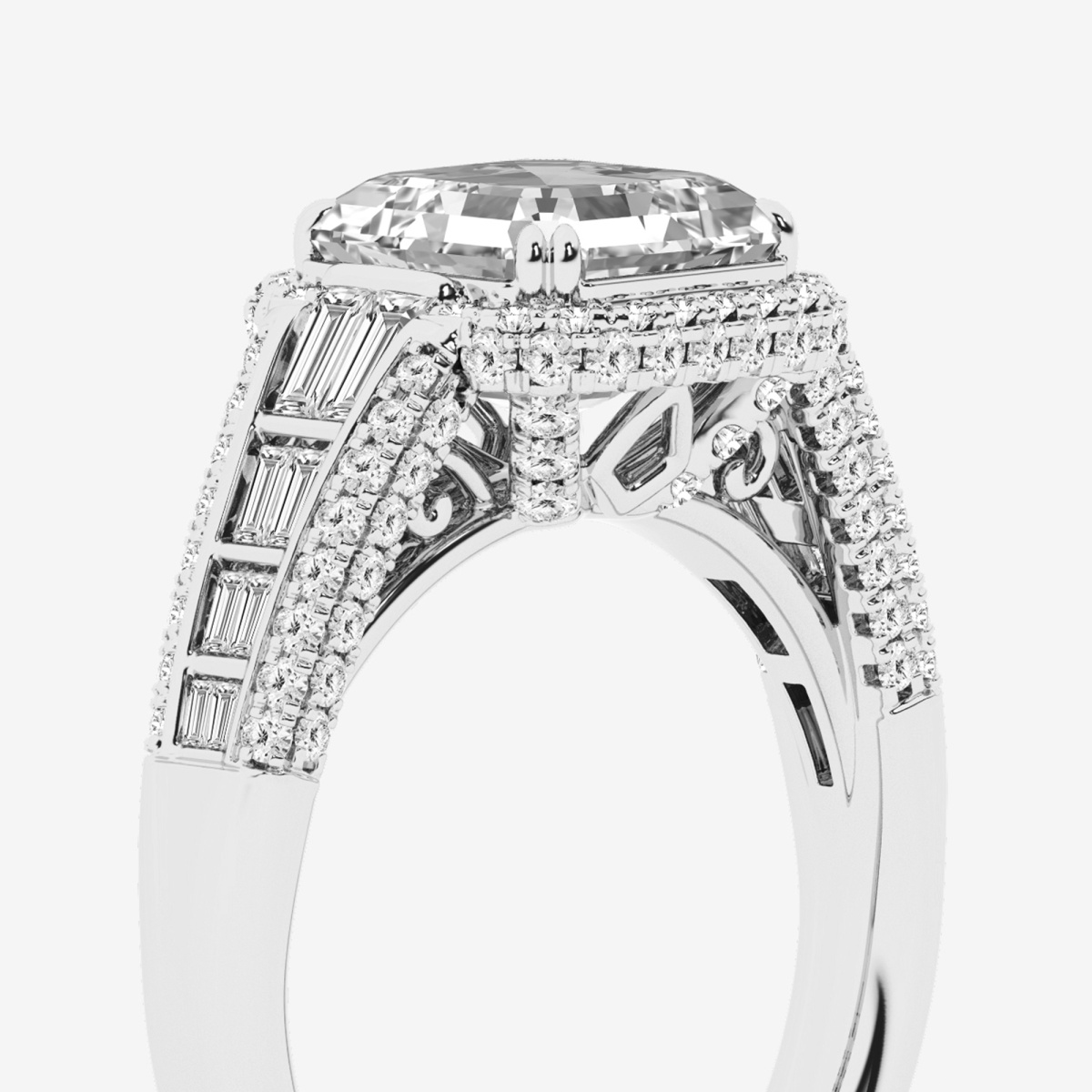 Additional Image 2 for  4 ctw Asscher Lab Grown Diamond Solitaire Engagement Ring with Round and Baguette Side Accents