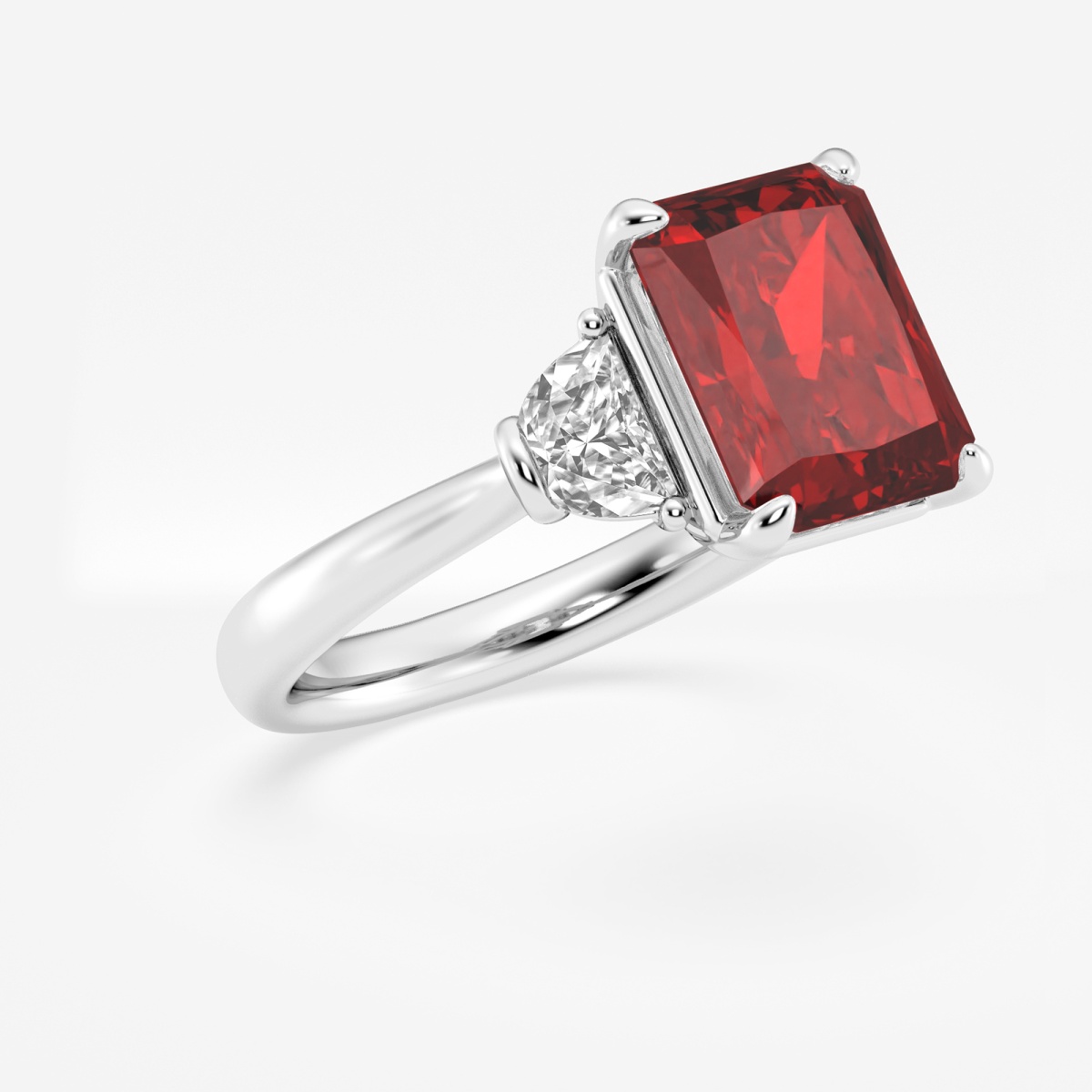 Additional Image 1 for  10x8mm Radiant Cut Created Ruby and 5/8 ctw Lab Grown Diamond Three-Stone Engagement Ring