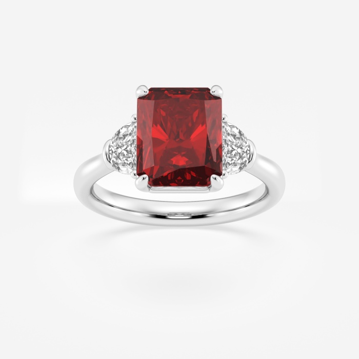 10x8mm Radiant Cut Created Ruby and 5/8 ctw Lab Grown Diamond Three-Stone Engagement Ring