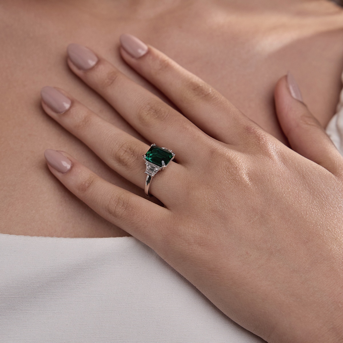 6 ctw Emerald Cut Emerald and Trapezoid Lab Grown Diamond Three-Stone Engagement Ring