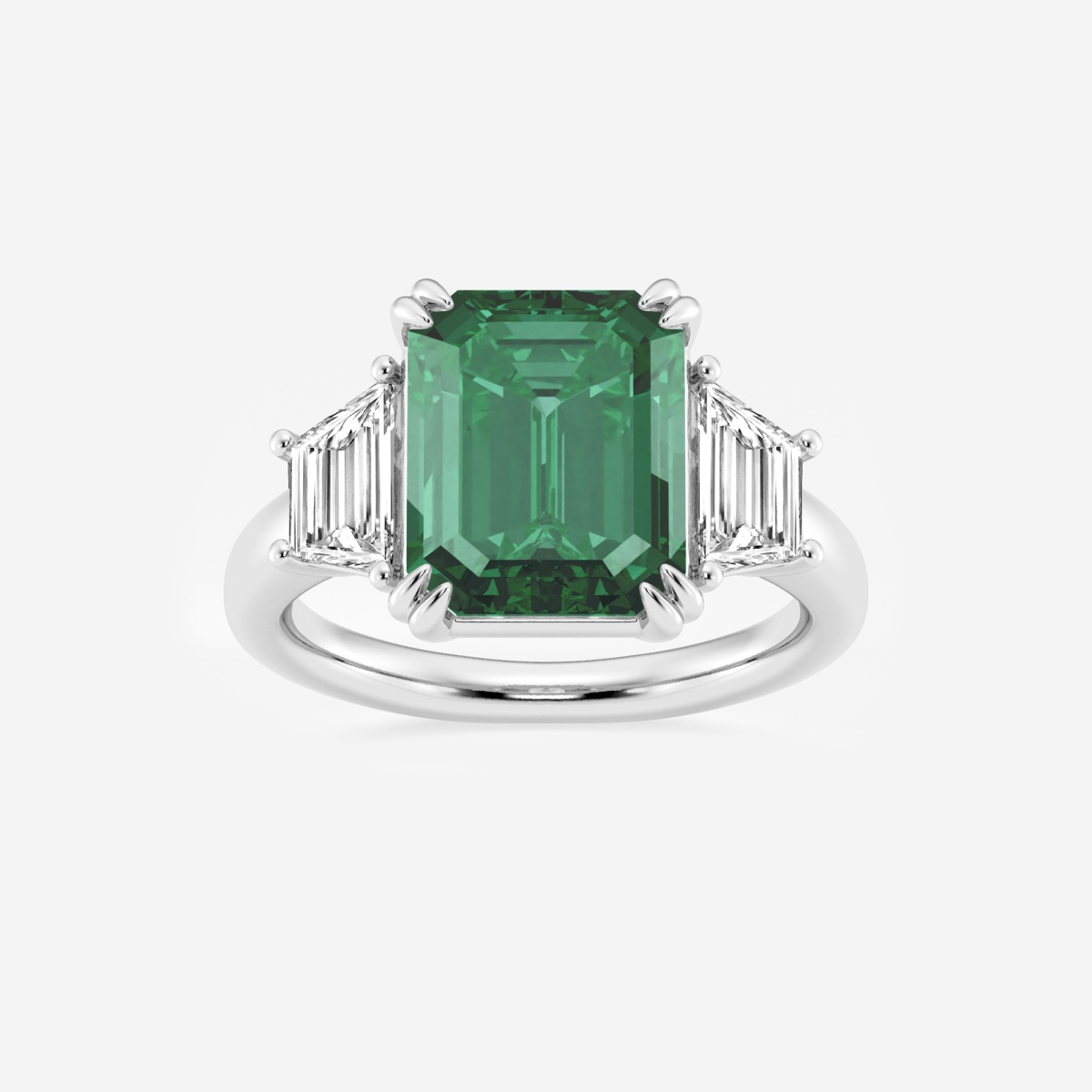 6 ctw Emerald Cut Emerald and Trapezoid Lab Grown Diamond Three-Stone Engagement Ring
