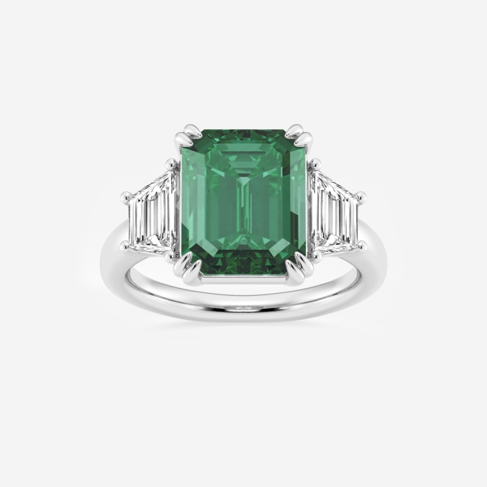 6 ctw Emerald Cut Emerald and Trapezoid Lab Grown Diamond Three-Stone Engagement Ring