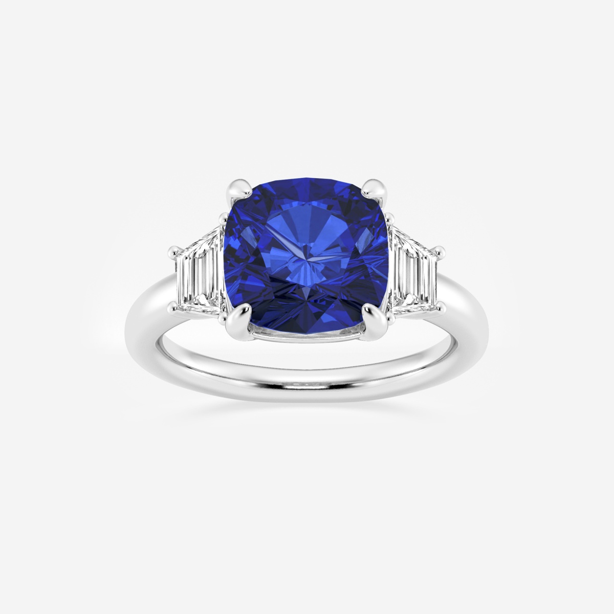 9mm Cushion Cut Created Sapphire and 5/8 ctw Lab Grown Diamond Three-Stone Engagement Ring