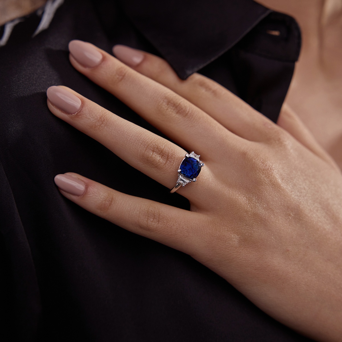 9mm Cushion Cut Created Sapphire and 5/8 ctw Lab Grown Diamond Three-Stone Engagement Ring