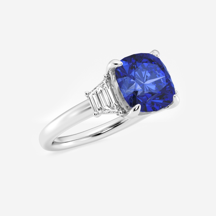 9mm Cushion Cut Created Sapphire and 5/8 ctw Lab Grown Diamond Three-Stone Engagement Ring