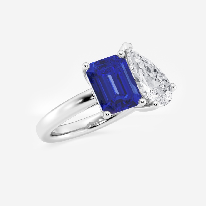9x7mm Emerald Cut Created Sapphire and 2 1/2 ctw Pear Cut Lab Grown Diamond Two Stone Engagement Ring