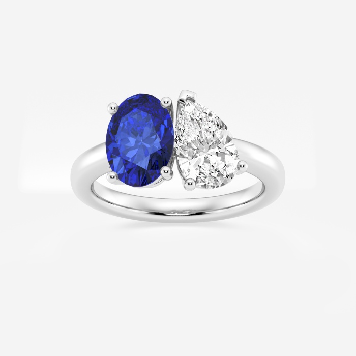 9x7mm Oval Cut Created Sapphire and 1 1/2 ctw Pear Cut Lab Grown Diamond Two Stone Engagement Ring