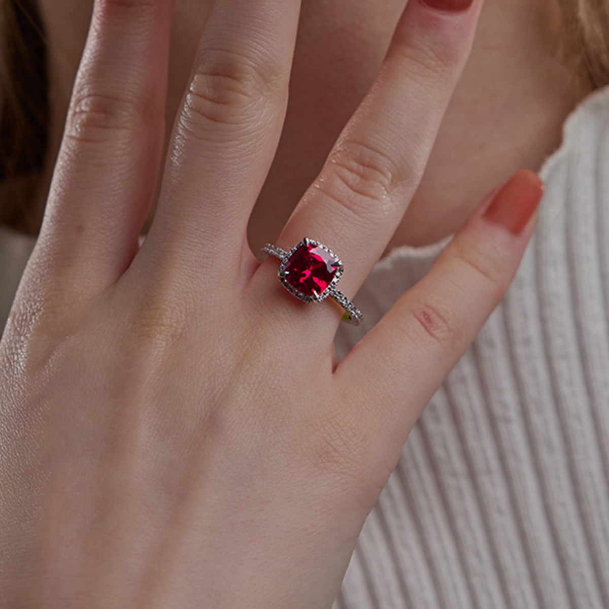 8 mm Cushion Cut Created Ruby and 2/5 ctw Lab Grown Diamond Halo Engagement Ring