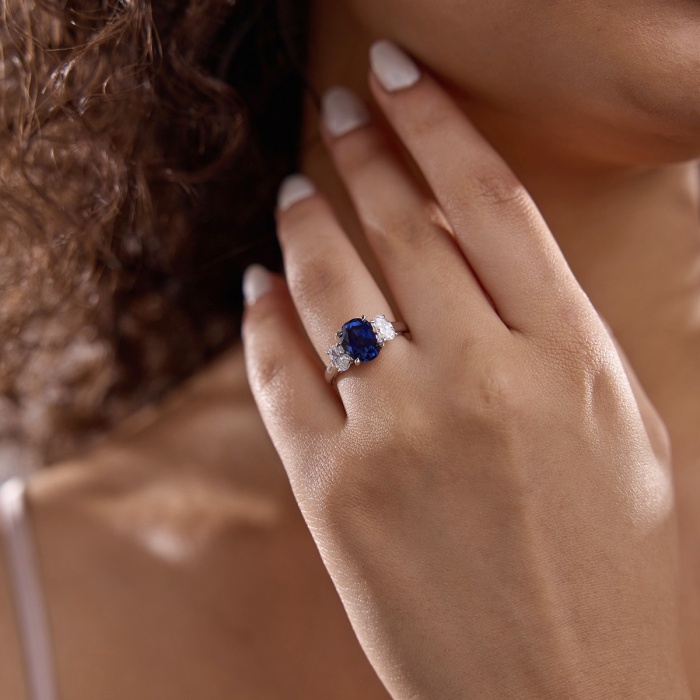 3 2/5 ctw Oval Cut Sapphire and Oval Lab Grown Diamond Three-Stone Engagement Ring