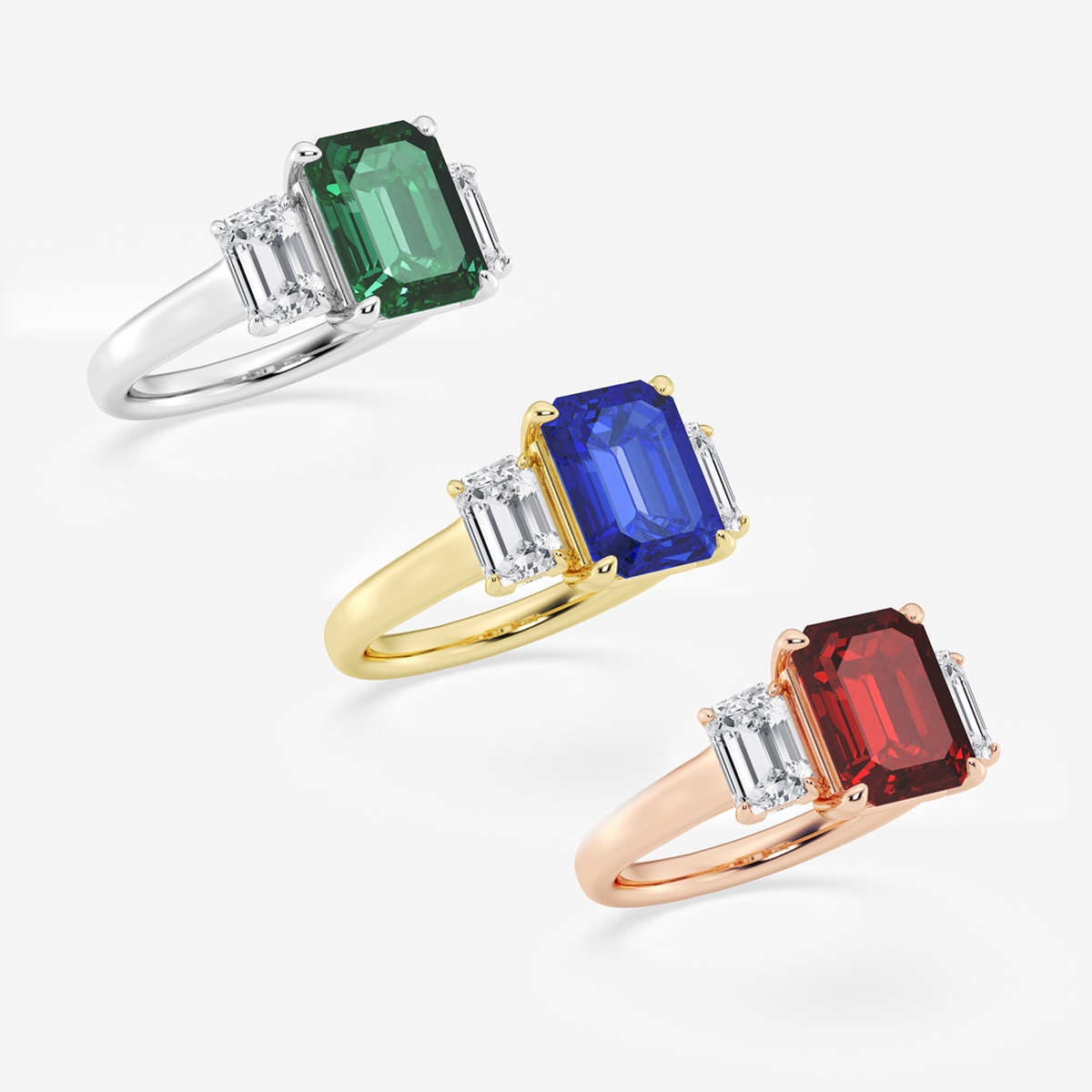 Additional Image 2 for  5 3/8 ctw Emerald Cut Sapphire and Emerald Lab Grown Diamond Three-Stone Engagement Ring