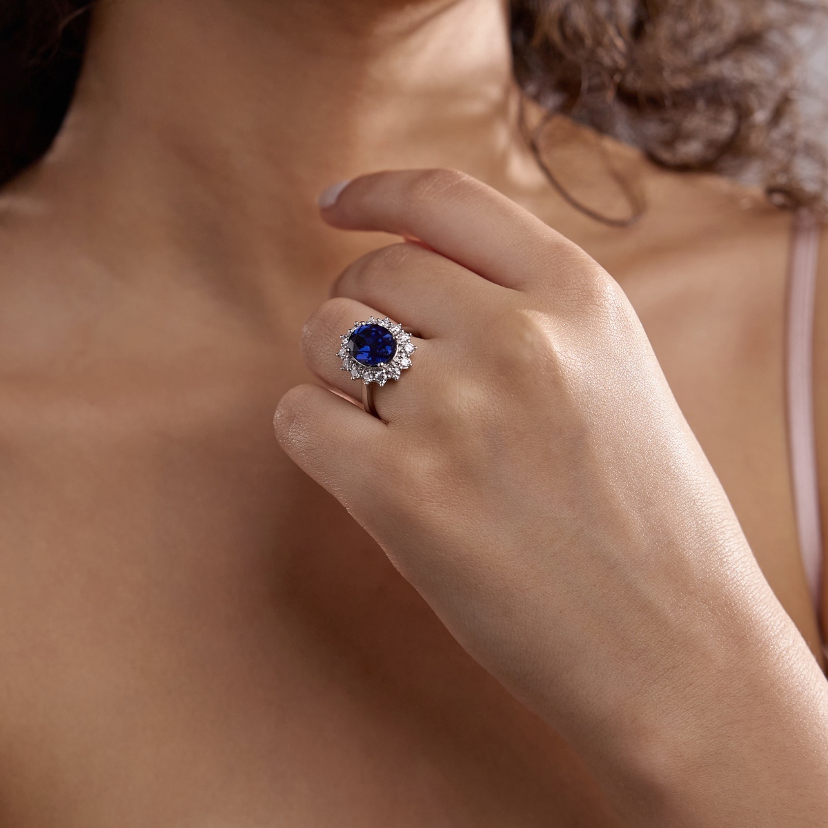 3 7/8 ctw Oval Cut Sapphire and Round Lab Grown Diamond Halo Engagement Ring