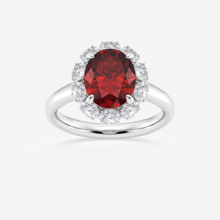3 1/8 ctw Oval Cut Ruby and Oval Lab Grown Diamond Halo Engagement Ring