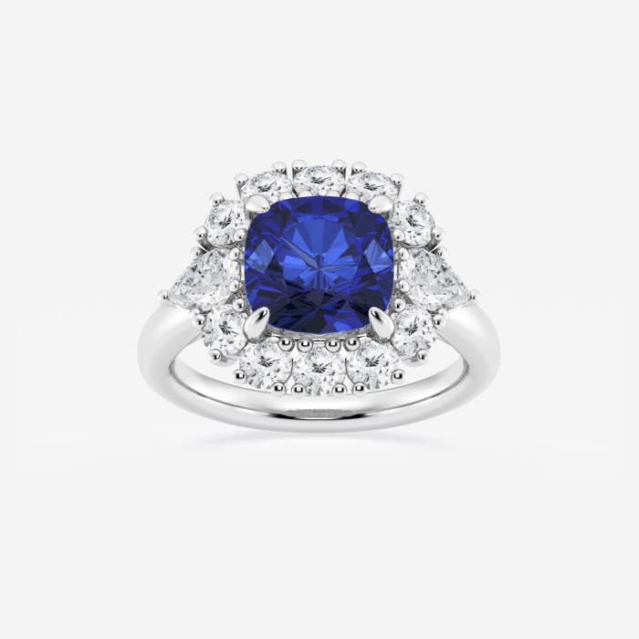 4 1/3 ctw Cushion Cut Sapphire with Round & Pear Lab Grown Diamond Halo Engagement Ring
